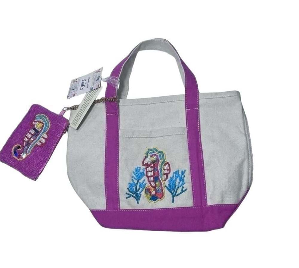 America & Beyond Beaded Seahorse Canvas Mini Boat Tote with Matching Pouch